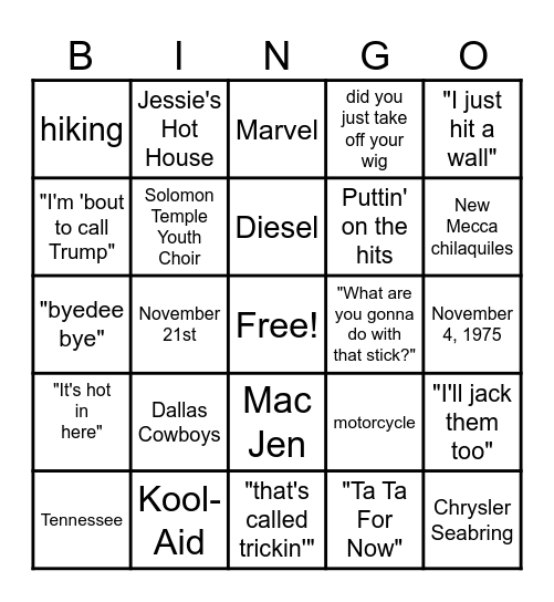 JenDiesel Bingo Card