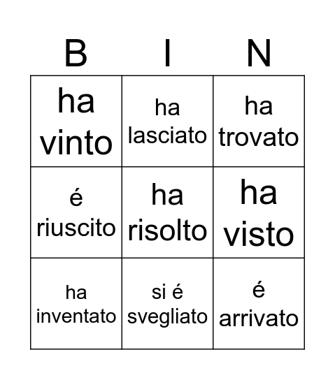 Verbi irregolari - passato prossimo Bingo Card