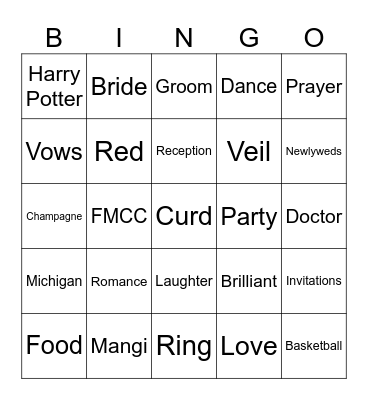 Sneha's Bridal Shower Bingo Card