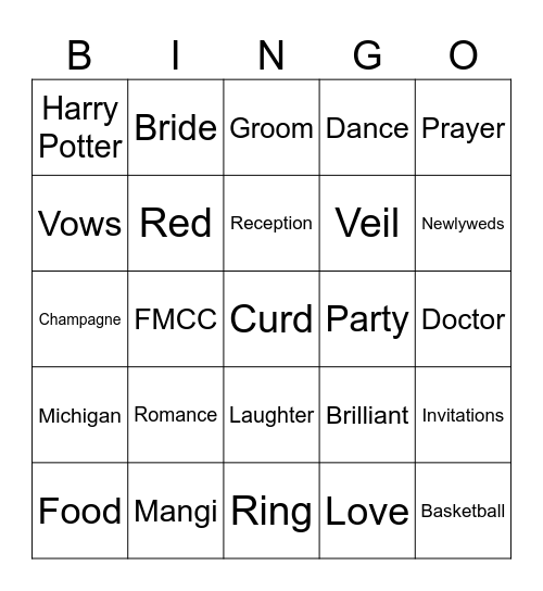 Sneha's Bridal Shower Bingo Card