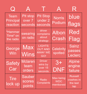 Mac F1 Club Qatar Bingo Card