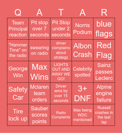 Mac F1 Club Qatar Bingo Card