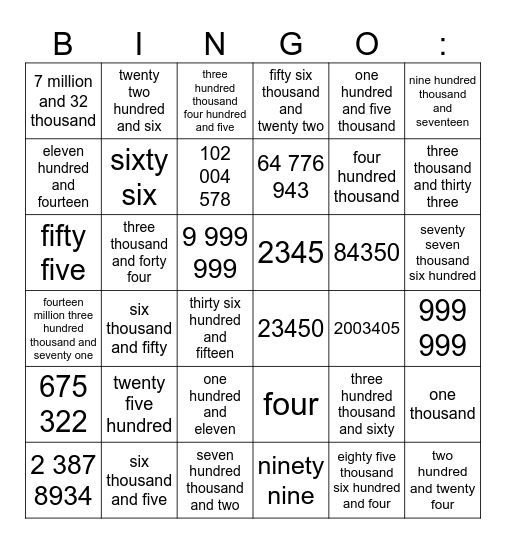 Large Number Bingo Card