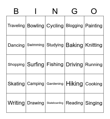 Hobby Vocabularies Bingo Card