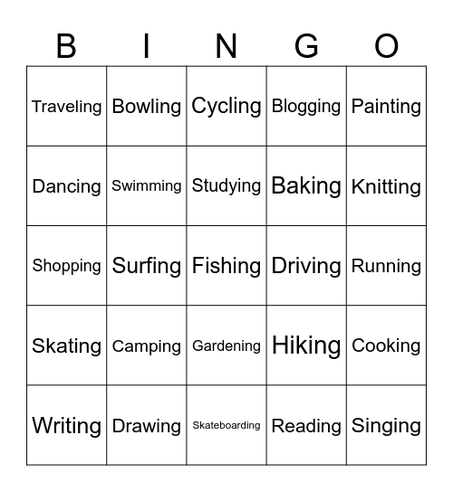 Hobby Vocabularies Bingo Card