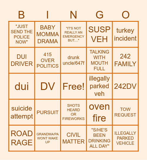 DISPATCH THANKSGIVING Bingo Card