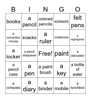 School supplies Bingo Card