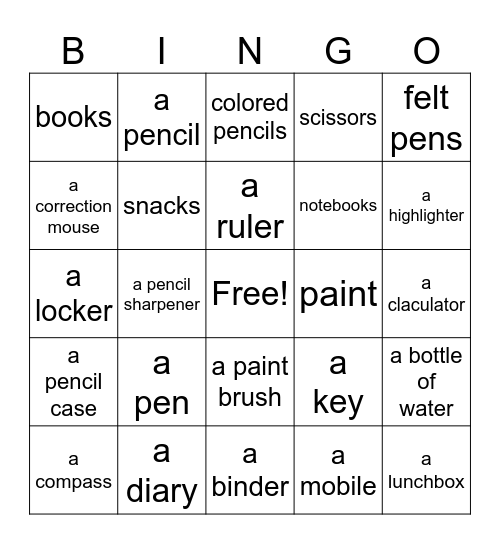 School supplies Bingo Card