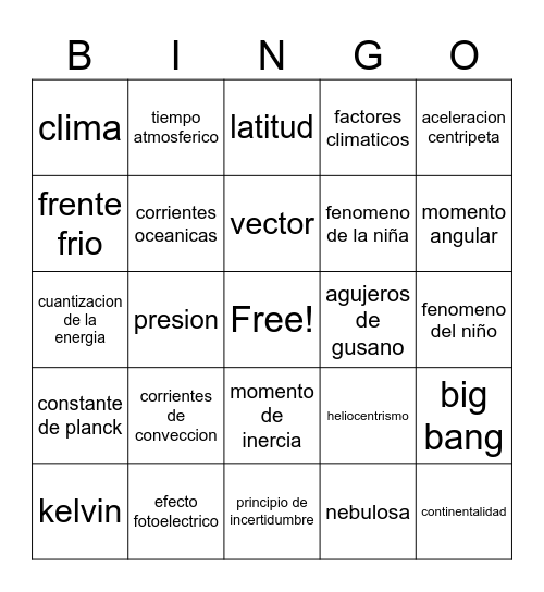 fisica Bingo Card