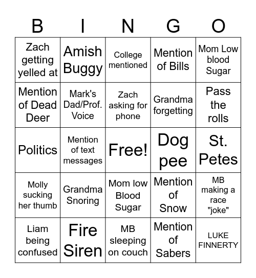 Finnerty Thanksgiving Bingo Card