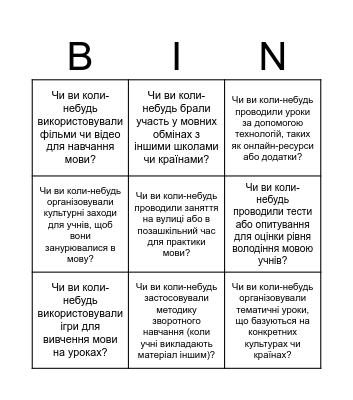 Бінго для вчителів Bingo Card