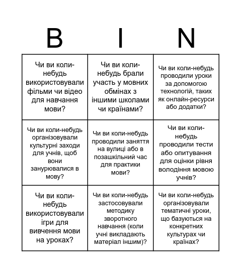 Бінго для вчителів Bingo Card