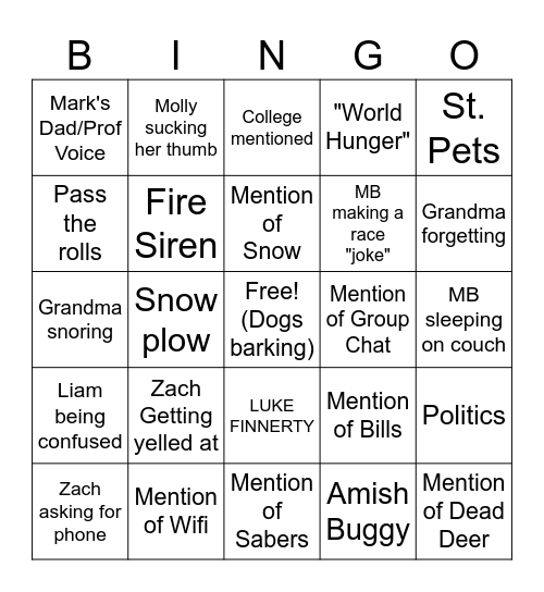 Finnerty Thanksgiving Bingo Card