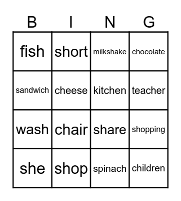 sh and ch words Bingo Card