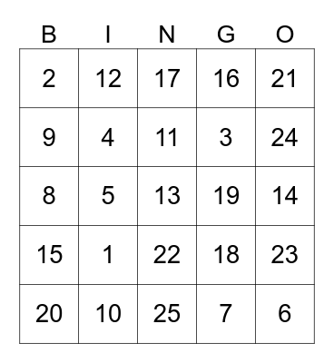 NUMBERS Bingo Card