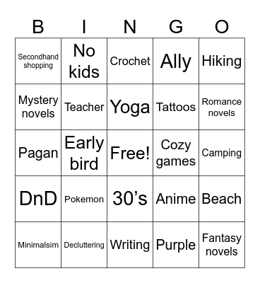 About me Bingo Card
