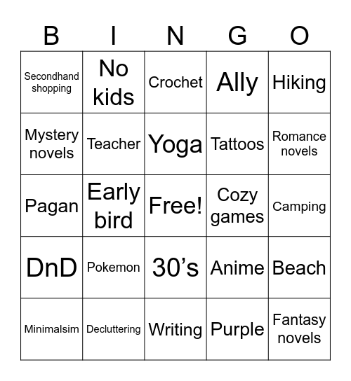 About me Bingo Card