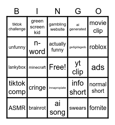 yt short bingo Card