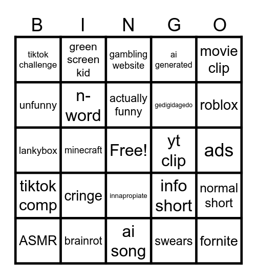 yt short bingo Card