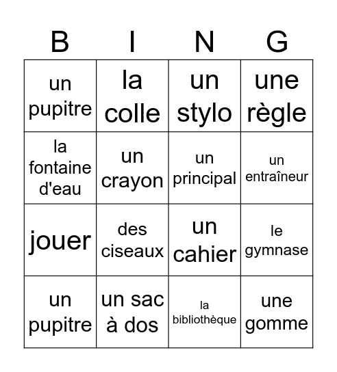 L'école Bingo Card