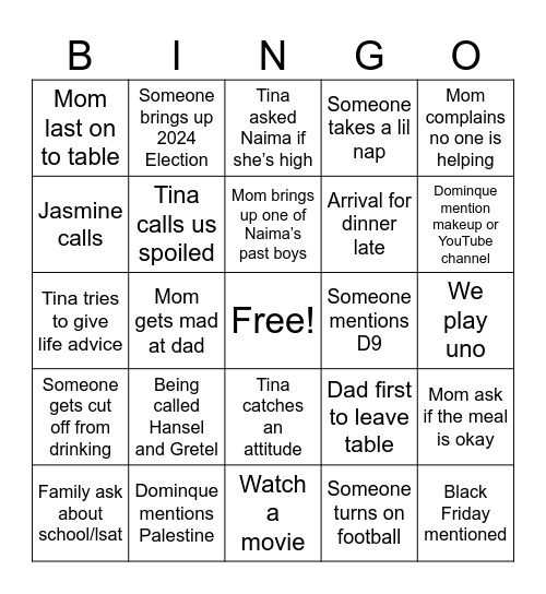 Thanksgiving Bingo Card