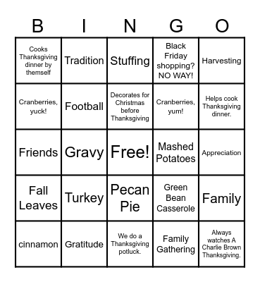 Thanksgiving Bingo Card