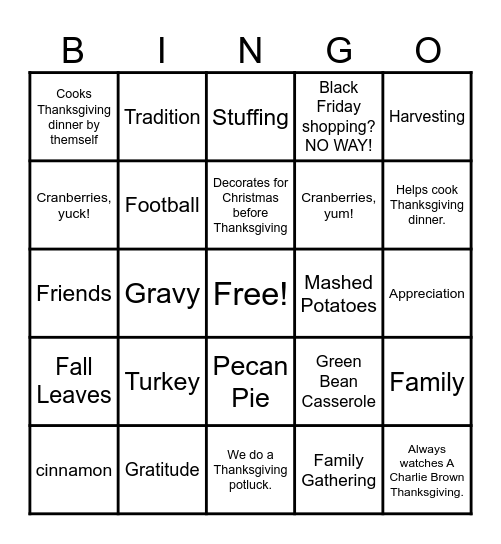 Thanksgiving Bingo Card