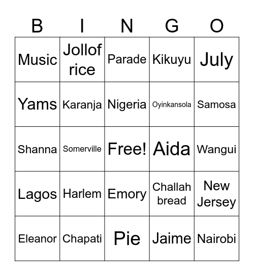 Thanksgiving 16A Bingo Card