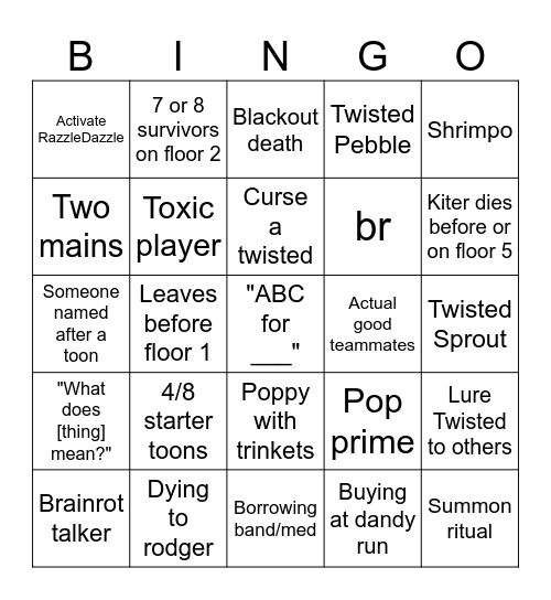 Dandy world public server bingo Card