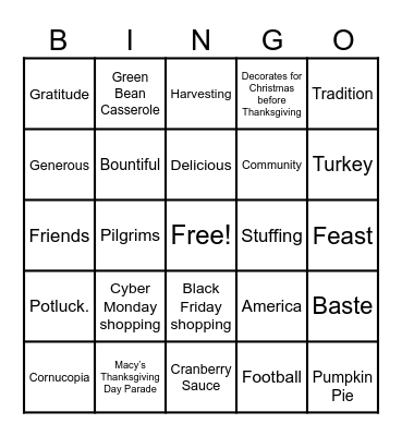 Thanksgiving Bingo 1 Bingo Card