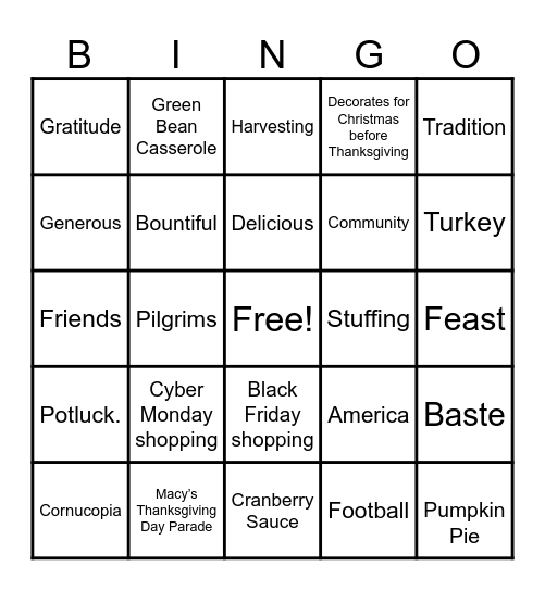 Thanksgiving Bingo 1 Bingo Card