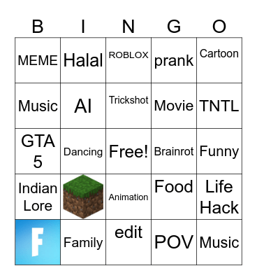 Youtube Short Bingo Card