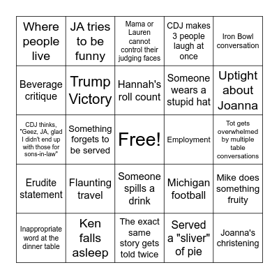 Tucker Thanksgiving Bingo Card