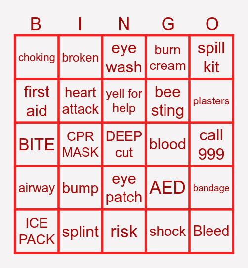 first aid Bingo Card