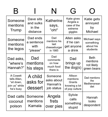 Thanksgiving Cringe Bingo Card