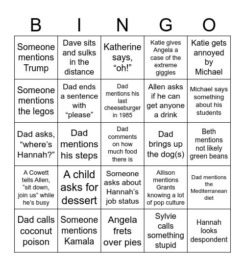 Thanksgiving Cringe Bingo Card