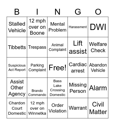 NHPD Bingo Card