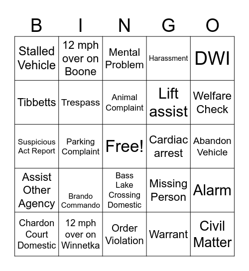 NHPD Bingo Card