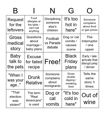 Thanksgiving Dysfunctional Family Bingo! Bingo Card