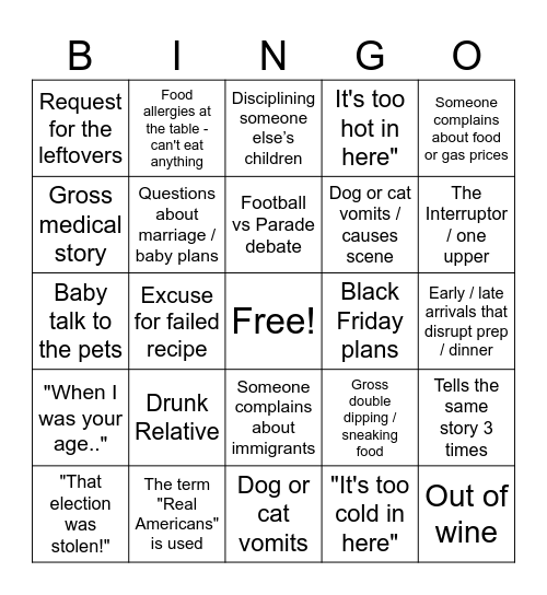 Thanksgiving Dysfunctional Family Bingo! Bingo Card