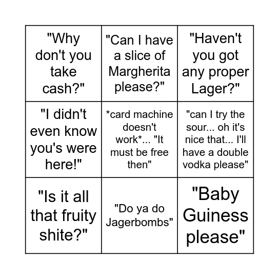 Taproom Team Bingo Card