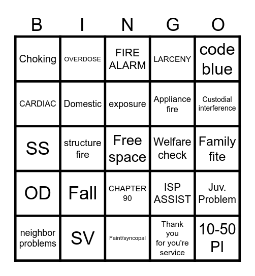 911 DISPATCHER Thanksgiving Bingo Card