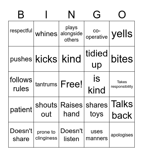Behaviour Bingo Card