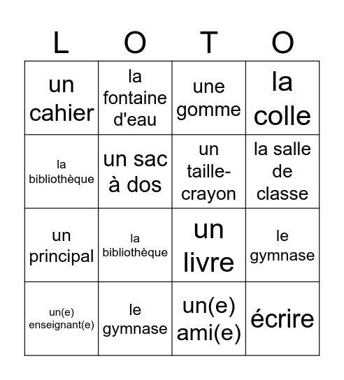 L'école Bingo Card