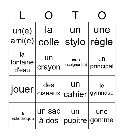 L'école Bingo Card