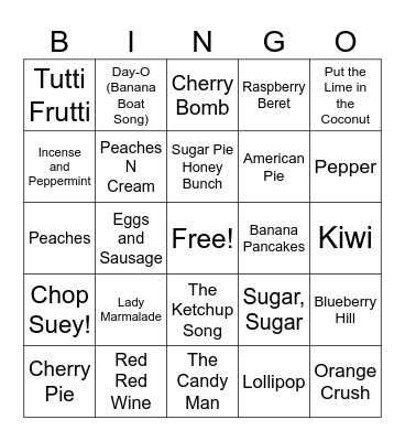 Food Fight Bingo Card