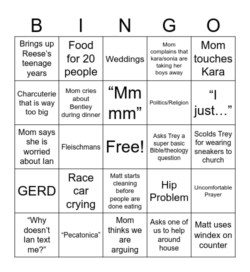 Mom and Matt Holiday Bingo Card