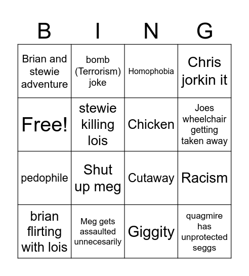 Family guy bingo Card