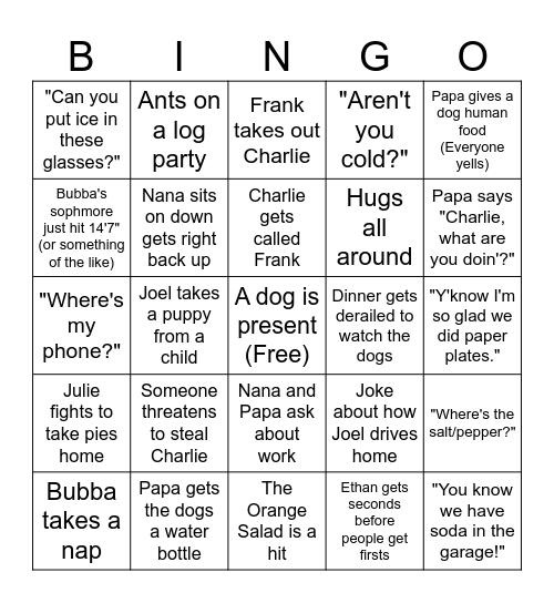 Family Bingo Card