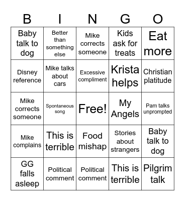 Schovel Thanksgiving Bingo Card